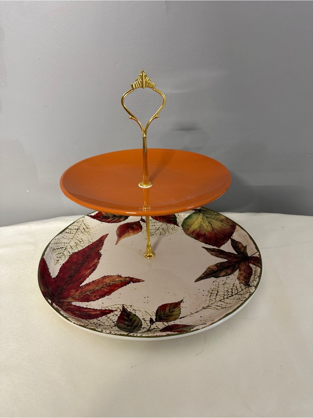 Two-Tier Fall Leaf Serving Stand in Orange and Fall Multicolor